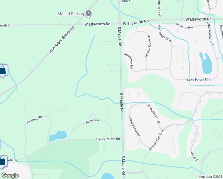 map of restaurants, bars, coffee shops, grocery stores, and more near 2505 Southwoods Trail in Ann Arbor