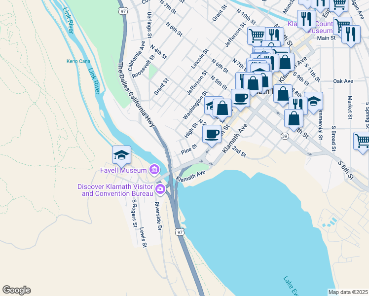 map of restaurants, bars, coffee shops, grocery stores, and more near 39 Main Street in Klamath Falls