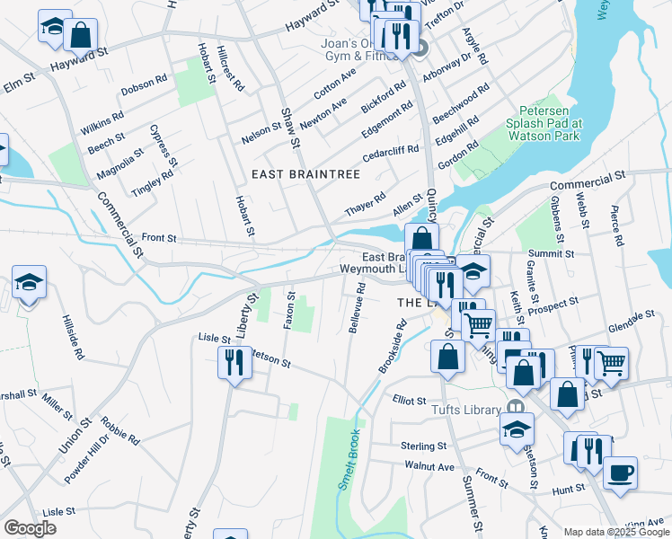 map of restaurants, bars, coffee shops, grocery stores, and more near 14 Elm Knoll Road in Braintree