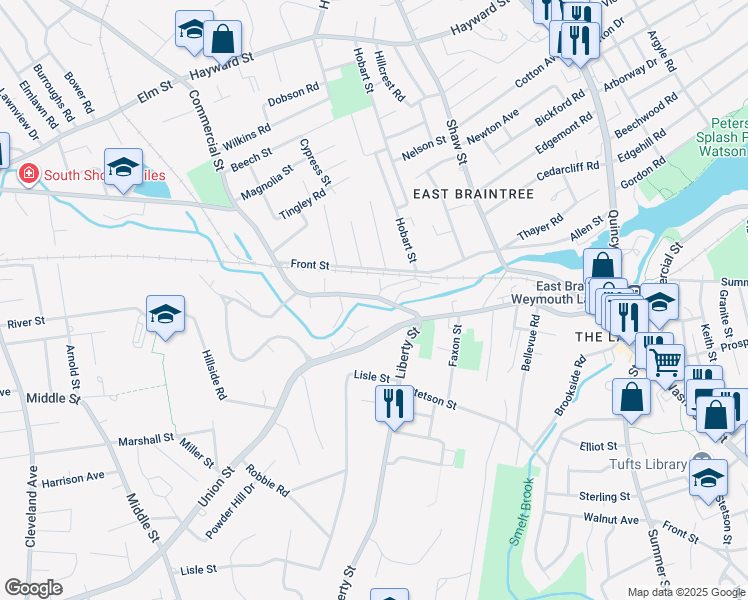 map of restaurants, bars, coffee shops, grocery stores, and more near 660 Union Street in Braintree