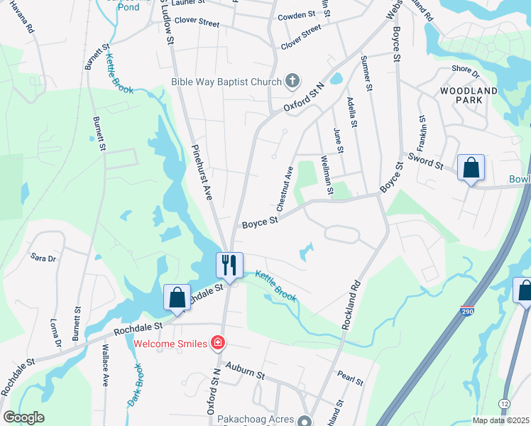 map of restaurants, bars, coffee shops, grocery stores, and more near 181 Boyce Street in Auburn