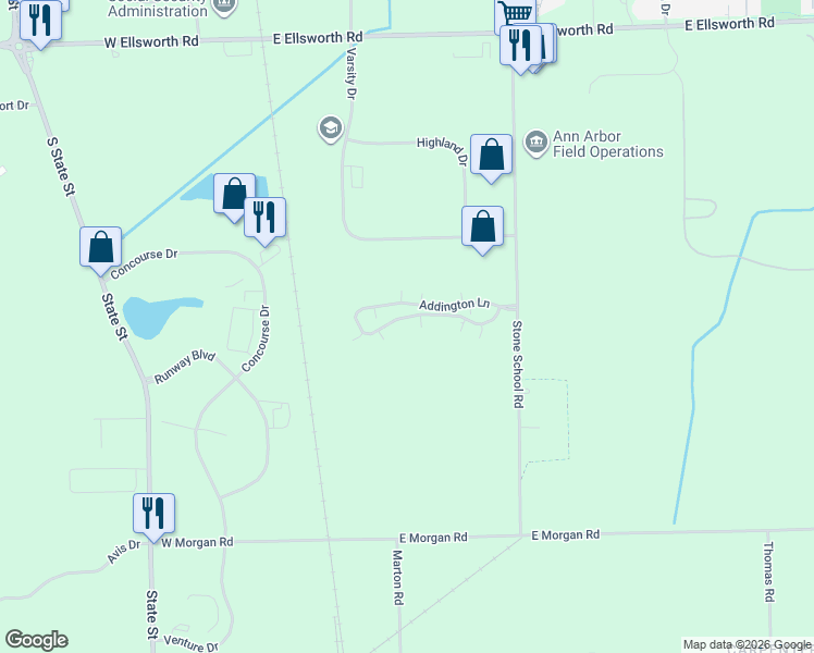 map of restaurants, bars, coffee shops, grocery stores, and more near 1015 Addington Lane in Ann Arbor