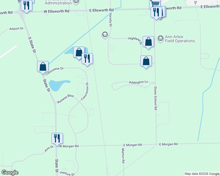 map of restaurants, bars, coffee shops, grocery stores, and more near 1089 Addington Lane in Ann Arbor