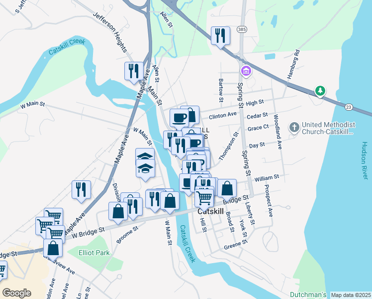 map of restaurants, bars, coffee shops, grocery stores, and more near 423 Main Street in Catskill