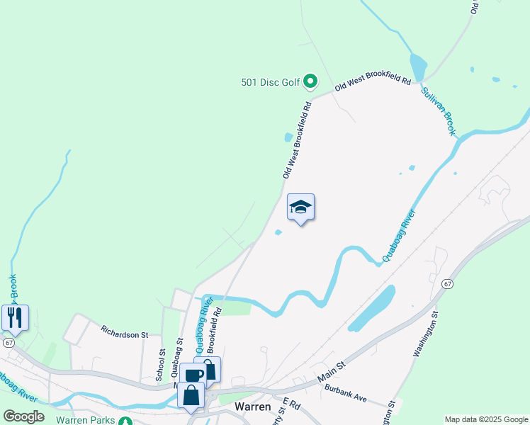 map of restaurants, bars, coffee shops, grocery stores, and more near 281 Old West Brookfield Road in Warren