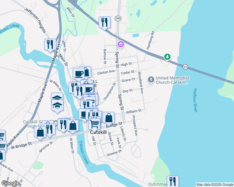 map of restaurants, bars, coffee shops, grocery stores, and more near 56-64 Spring Street in Catskill