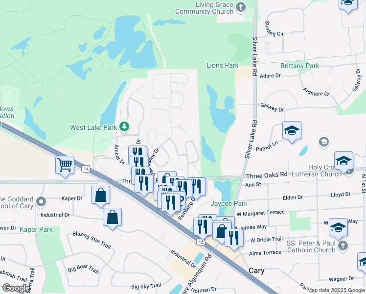 map of restaurants, bars, coffee shops, grocery stores, and more near 54 Bright Oaks Circle in Cary