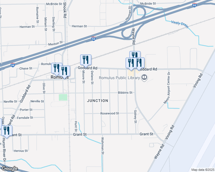 map of restaurants, bars, coffee shops, grocery stores, and more near 11126 Grover Street in Romulus