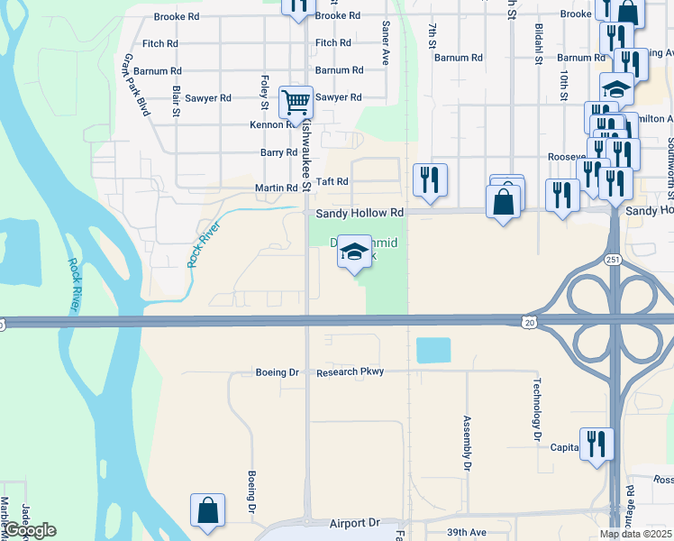 map of restaurants, bars, coffee shops, grocery stores, and more near 3520 Kishwaukee Street in Rockford