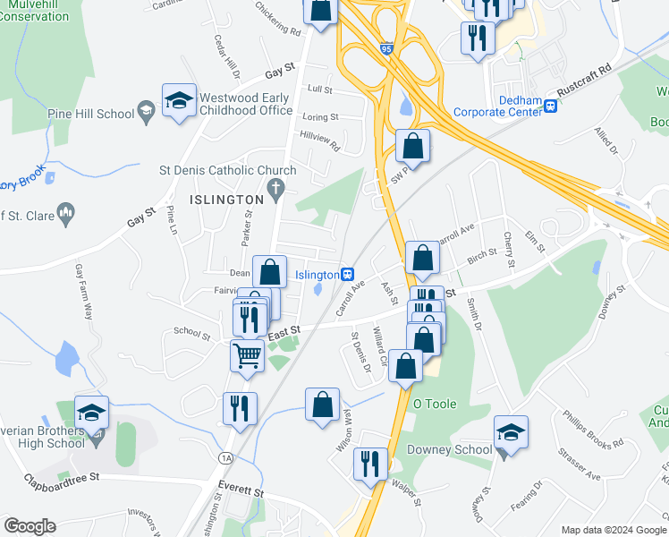 map of restaurants, bars, coffee shops, grocery stores, and more near 73 Grafton Avenue in Westwood