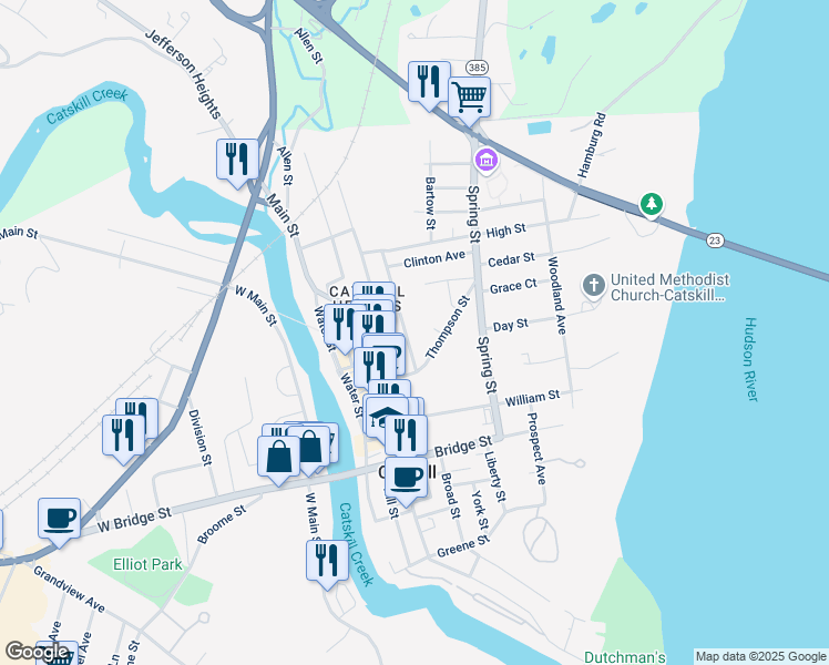 map of restaurants, bars, coffee shops, grocery stores, and more near 32 New Street in Catskill