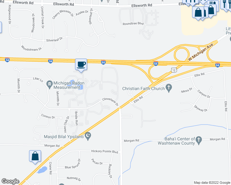 map of restaurants, bars, coffee shops, grocery stores, and more near 4998 Pitch Pine Court in Ypsilanti