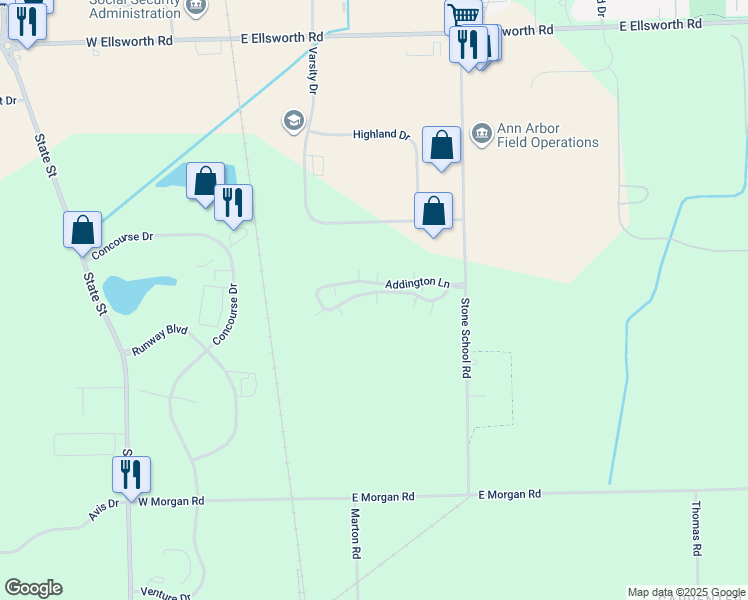 map of restaurants, bars, coffee shops, grocery stores, and more near 1433 Addington Lane in Ann Arbor