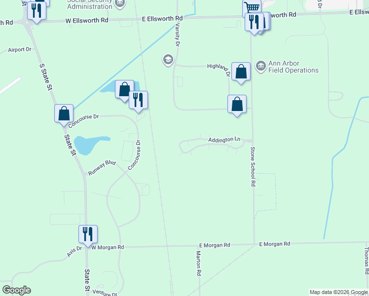 map of restaurants, bars, coffee shops, grocery stores, and more near 1281 Addington Lane in Ann Arbor