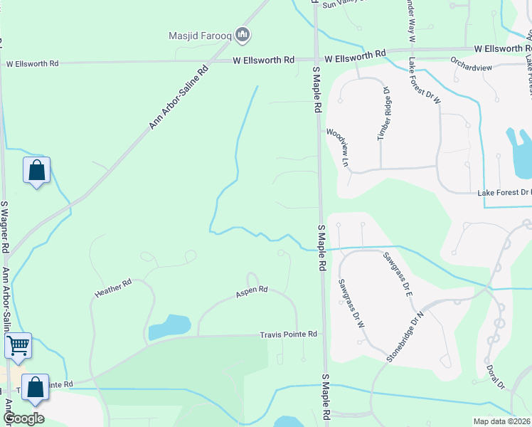 map of restaurants, bars, coffee shops, grocery stores, and more near 2535 Southwoods Trail in Ann Arbor