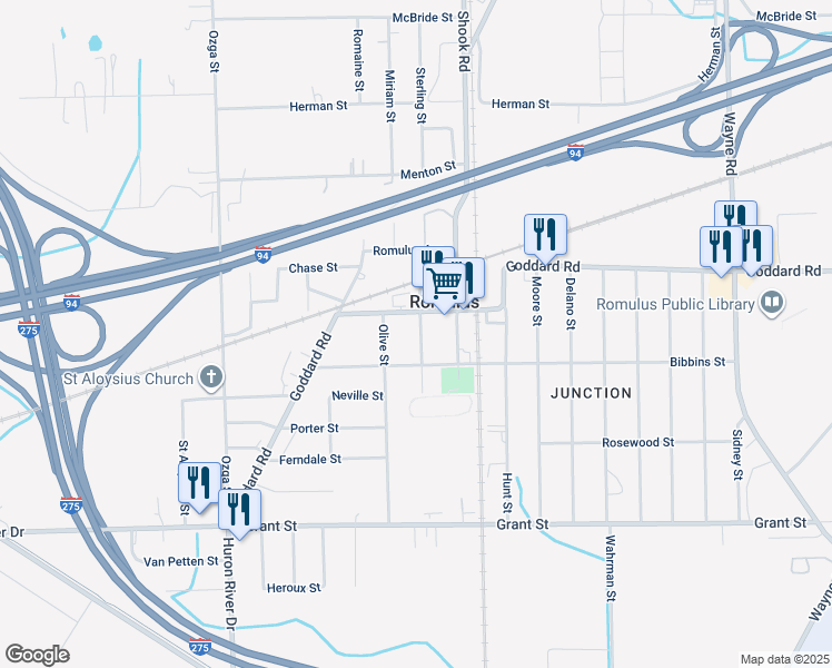 map of restaurants, bars, coffee shops, grocery stores, and more near in Wayne County