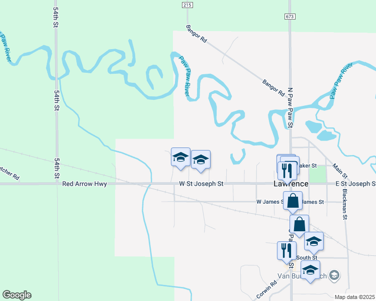 map of restaurants, bars, coffee shops, grocery stores, and more near 650 West Saint Joseph Street in Lawrence