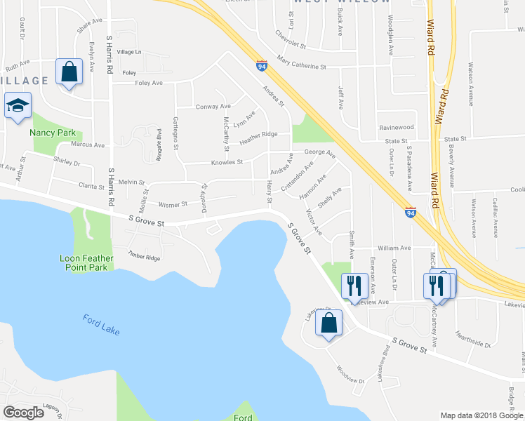 map of restaurants, bars, coffee shops, grocery stores, and more near 1700 South Grove Street in Ypsilanti
