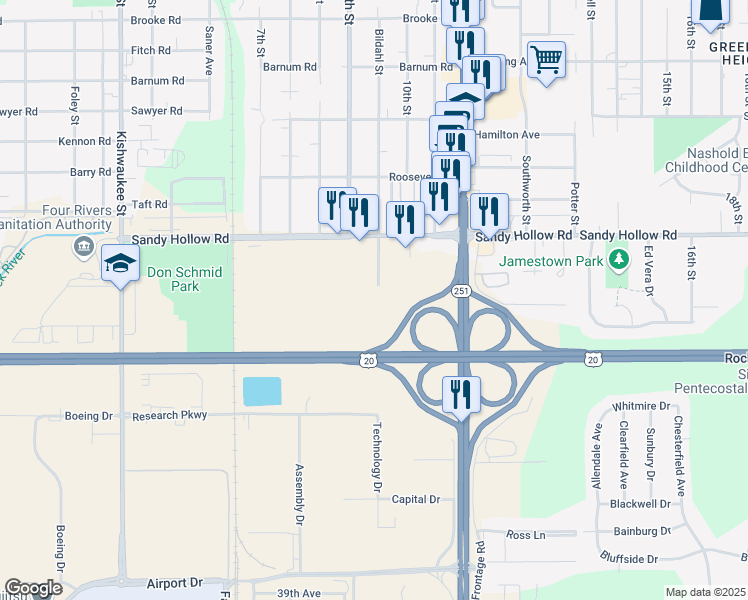 map of restaurants, bars, coffee shops, grocery stores, and more near 1321 Sandy Hollow Road in Rockford