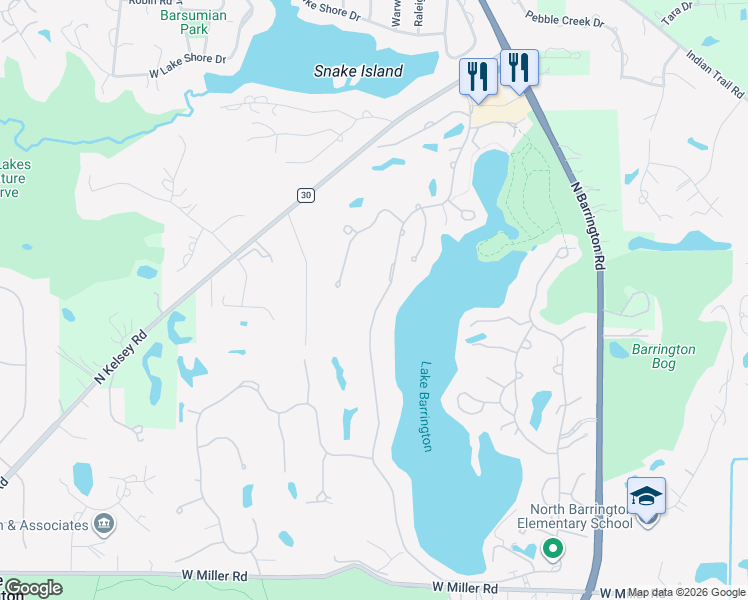 map of restaurants, bars, coffee shops, grocery stores, and more near 678 Shoreline Road in Lake Barrington