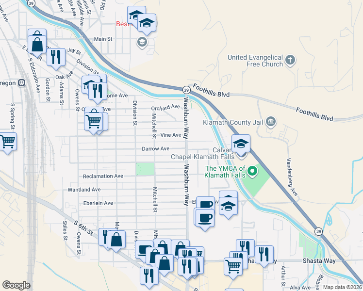 map of restaurants, bars, coffee shops, grocery stores, and more near 2528 Vine Avenue in Klamath Falls