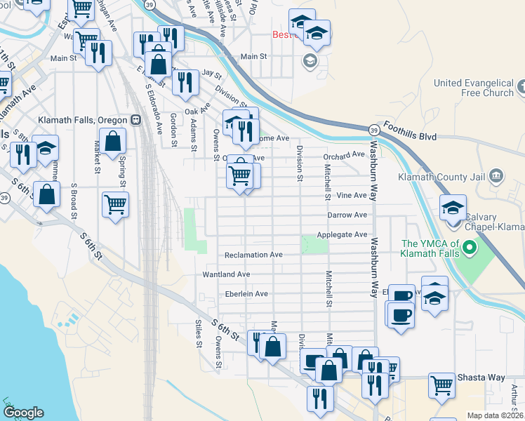 map of restaurants, bars, coffee shops, grocery stores, and more near 2150 1/2 Vine Avenue in Klamath Falls