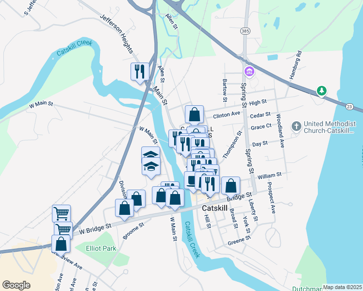map of restaurants, bars, coffee shops, grocery stores, and more near 487 Main Street in Catskill