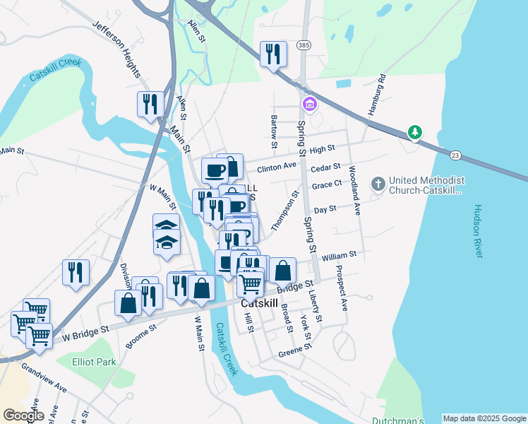 map of restaurants, bars, coffee shops, grocery stores, and more near 32 New St in Catskill