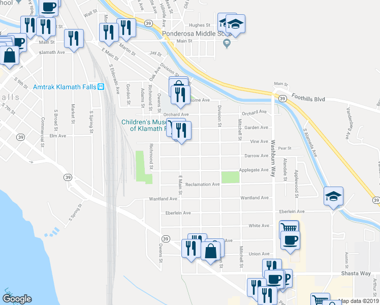 map of restaurants, bars, coffee shops, grocery stores, and more near 2135 Darrow Avenue in Klamath Falls