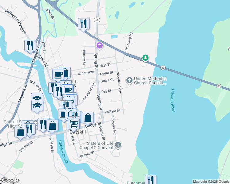 map of restaurants, bars, coffee shops, grocery stores, and more near 49 Day Street in Catskill