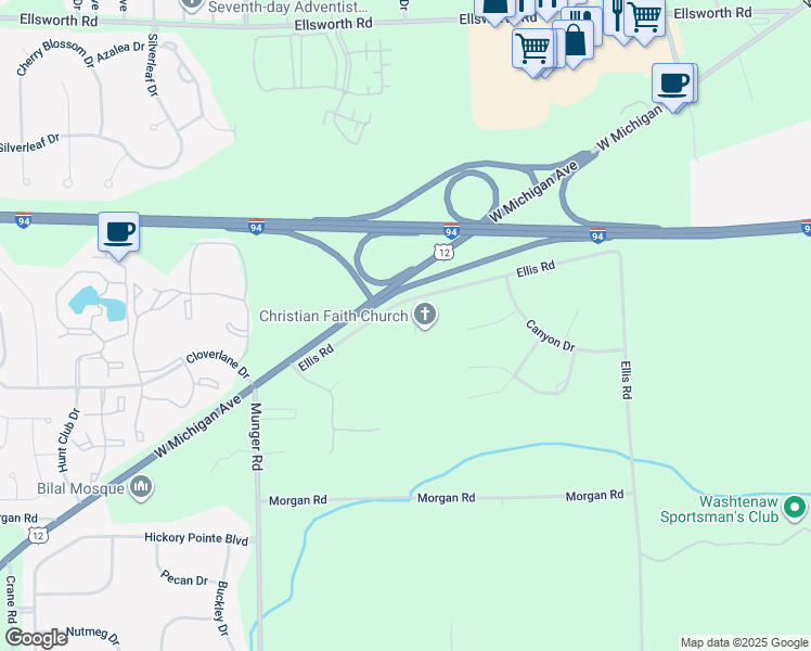 map of restaurants, bars, coffee shops, grocery stores, and more near 2917 Ellis Road in Ypsilanti
