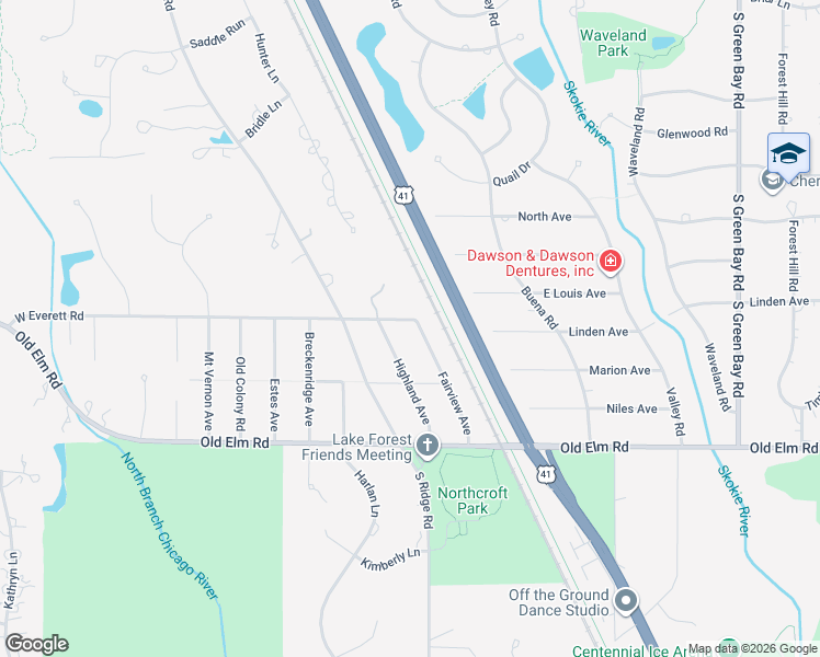 map of restaurants, bars, coffee shops, grocery stores, and more near 160 West Everett Road in Lake Forest
