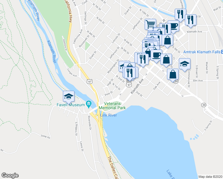 map of restaurants, bars, coffee shops, grocery stores, and more near 234 North 1st Street in Klamath Falls