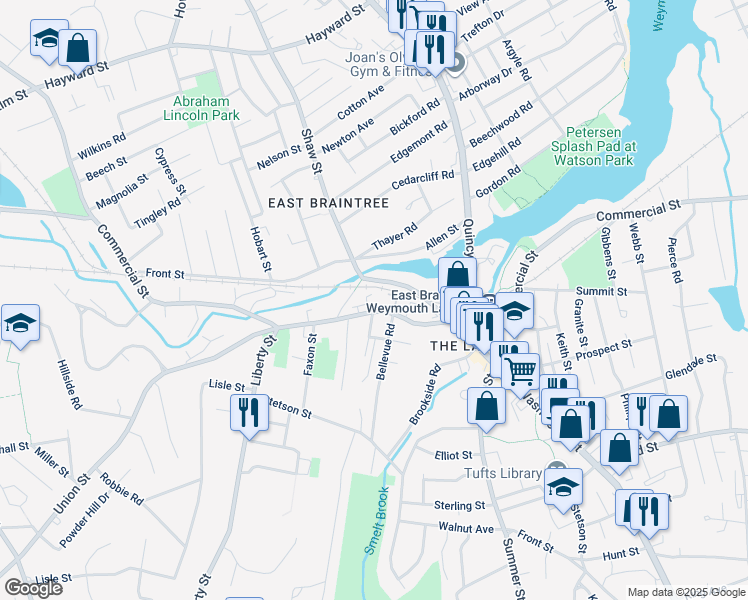 map of restaurants, bars, coffee shops, grocery stores, and more near 71 Shaw Street in Braintree