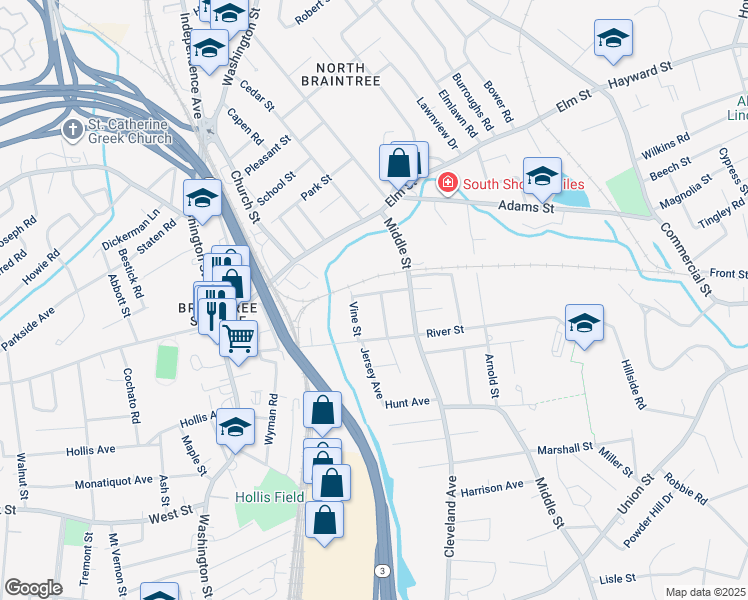map of restaurants, bars, coffee shops, grocery stores, and more near 6 Myrtle Street in Braintree