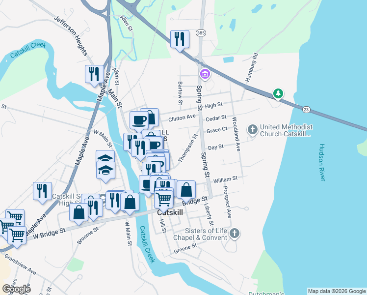 map of restaurants, bars, coffee shops, grocery stores, and more near 79 Thompson Street in Catskill