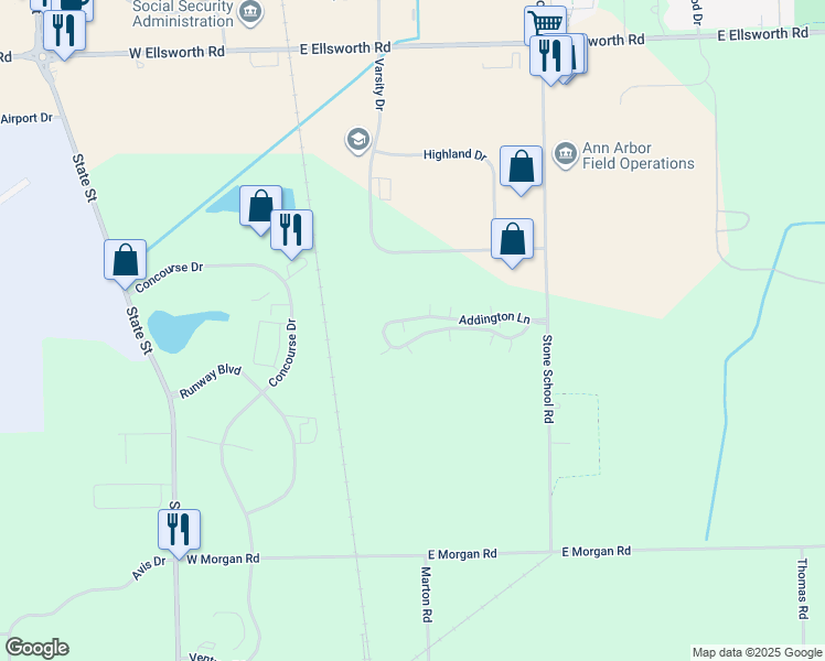 map of restaurants, bars, coffee shops, grocery stores, and more near 1433 Addington Lane in Ann Arbor