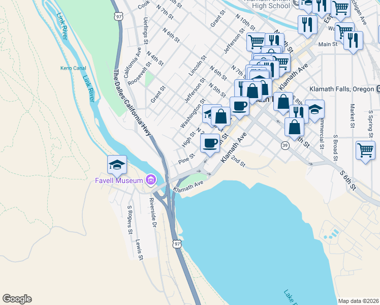 map of restaurants, bars, coffee shops, grocery stores, and more near 234 North 1st Street in Klamath Falls