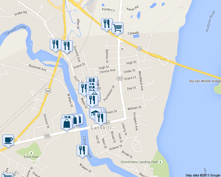 map of restaurants, bars, coffee shops, grocery stores, and more near 79 Thompson Street in Catskill