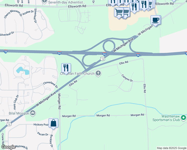 map of restaurants, bars, coffee shops, grocery stores, and more near 2917 Ellis Road in Ypsilanti