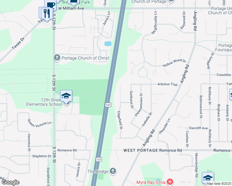 map of restaurants, bars, coffee shops, grocery stores, and more near 6570 Edgefield Street in Portage