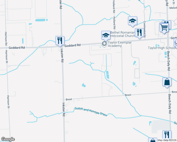 map of restaurants, bars, coffee shops, grocery stores, and more near 11362 Golfcrest Drive in Taylor
