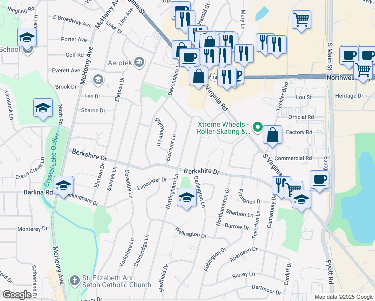map of restaurants, bars, coffee shops, grocery stores, and more near 680 Darlington Lane in Crystal Lake