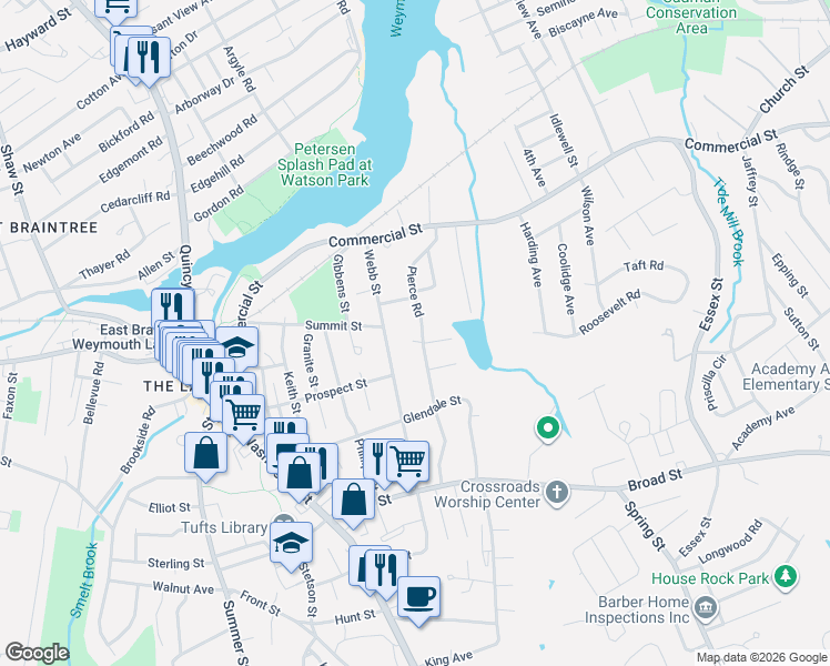 map of restaurants, bars, coffee shops, grocery stores, and more near 150 Pierce Road in Weymouth