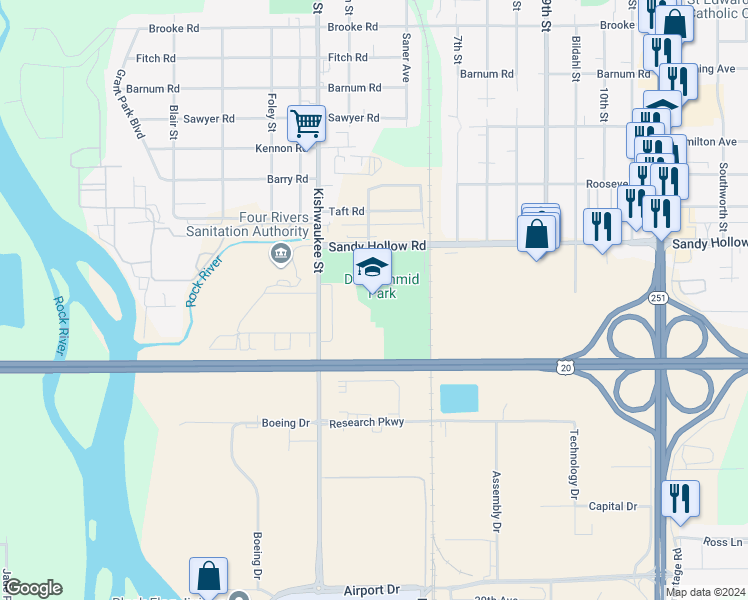 map of restaurants, bars, coffee shops, grocery stores, and more near 3520 Kishwaukee Street in Rockford
