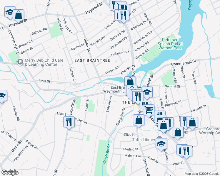 map of restaurants, bars, coffee shops, grocery stores, and more near 12 Tompson Road in Braintree