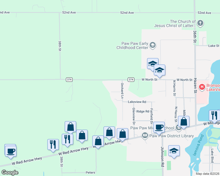 map of restaurants, bars, coffee shops, grocery stores, and more near 37319 County Road 374 in Paw Paw