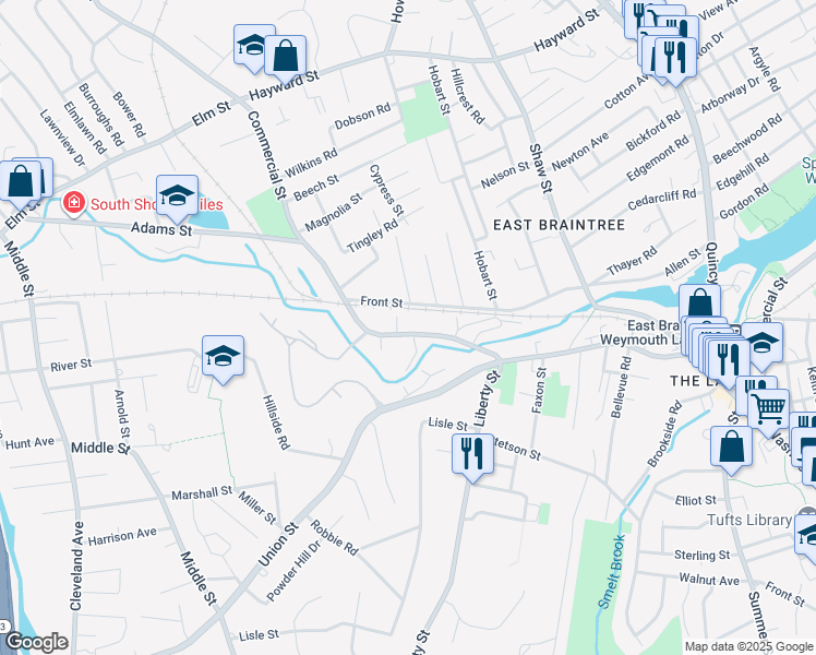 map of restaurants, bars, coffee shops, grocery stores, and more near 315 Commercial Street in Braintree
