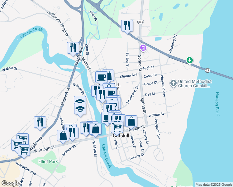 map of restaurants, bars, coffee shops, grocery stores, and more near 32 New Street in Catskill