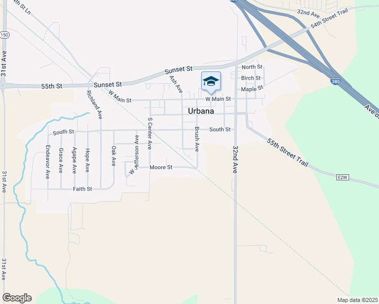 map of restaurants, bars, coffee shops, grocery stores, and more near 211 Brush Avenue in Urbana